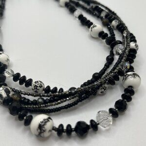 Black and White Beaded Necklace with painted beads 6 Strand 19" - HANDMADE